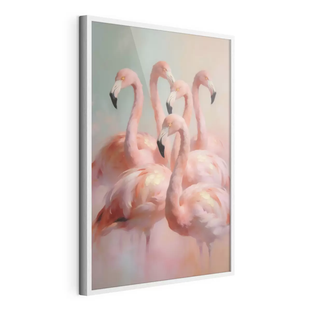Poster Des flamants roses aux couleurs pastel délicates, dans un style de peinture à l'huile f49726