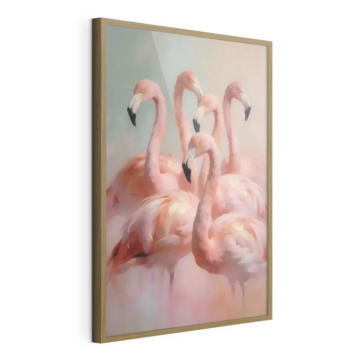 Poster Des flamants roses aux couleurs pastel délicates, dans un style de peinture à l'huile f49726