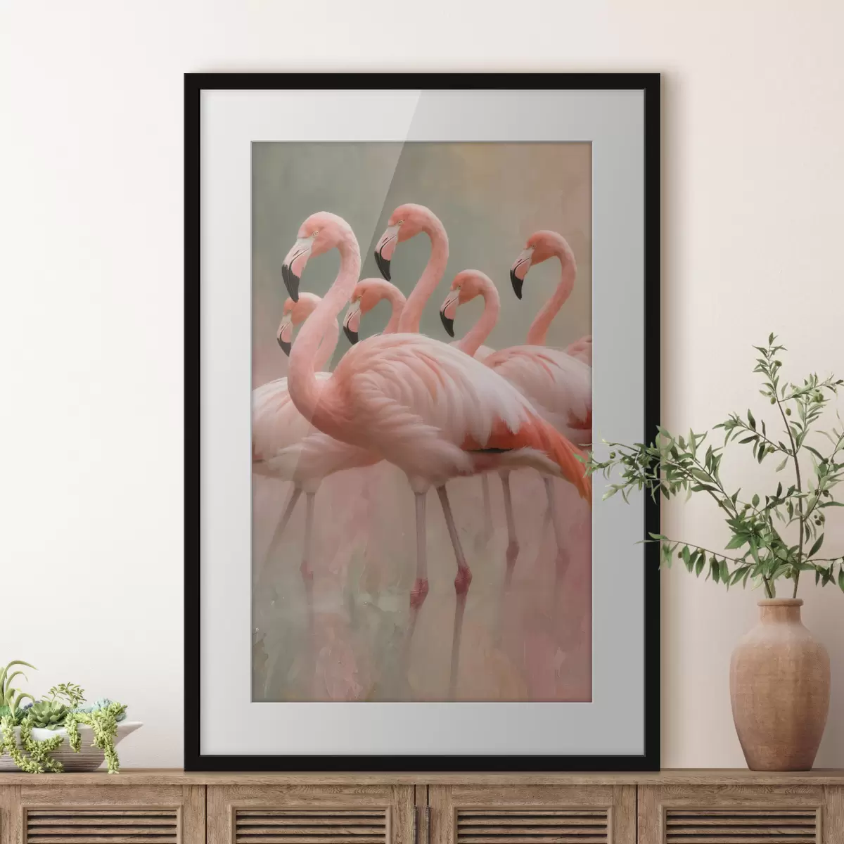 Poster Portrait décoratif d'une volée de flamants roses dans un style pictural contemporain f49727