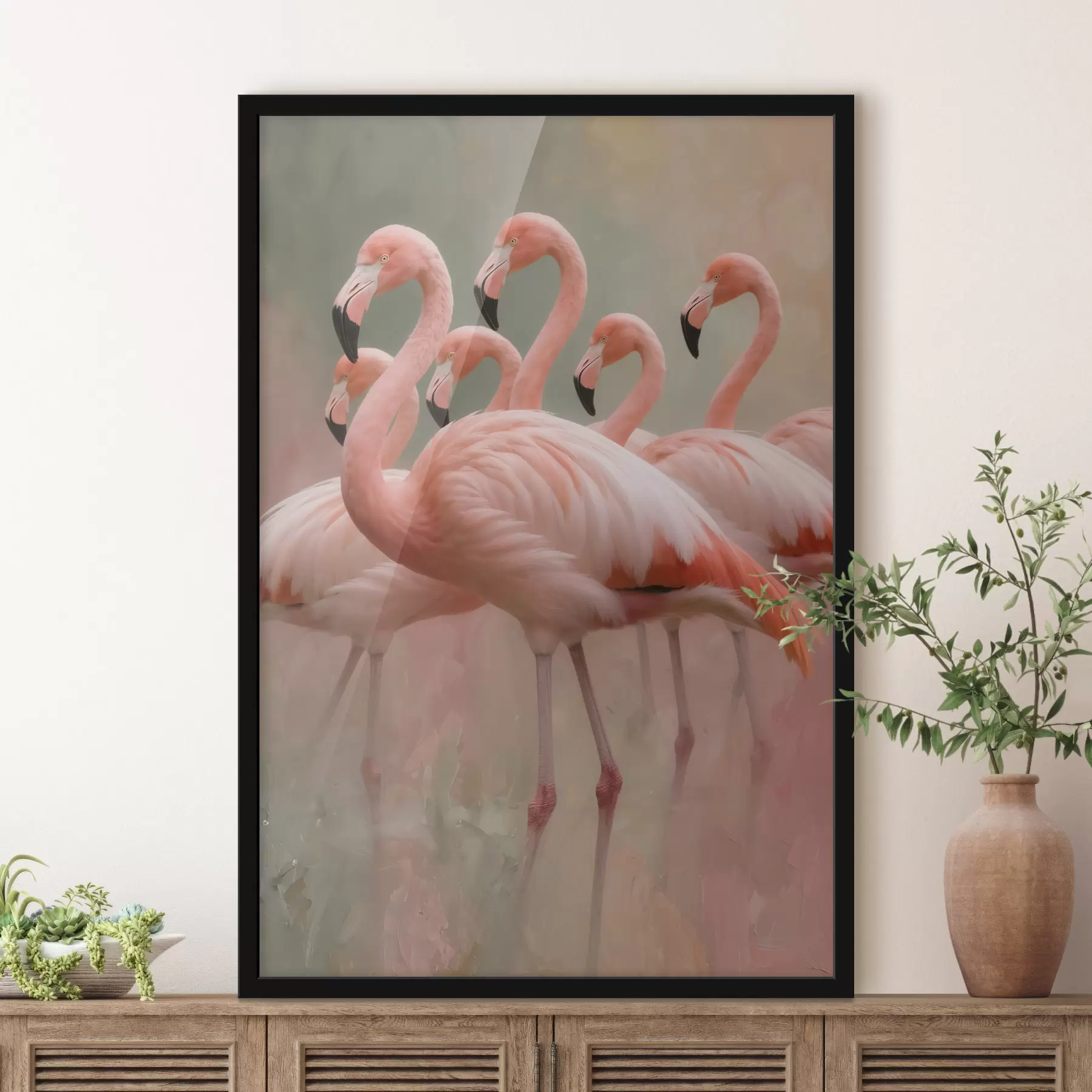 Papier peint Portrait décoratif d'une volée de flamants roses dans un style pictural contemporain f49727