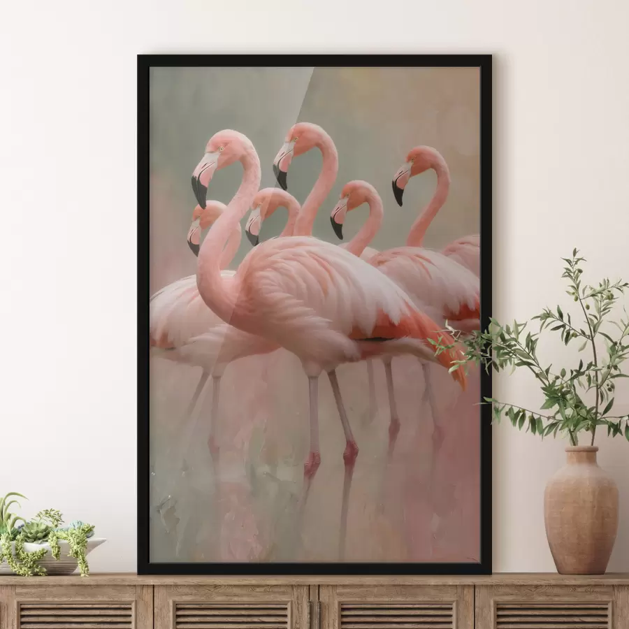Papier peint Portrait décoratif d'une volée de flamants roses dans un style pictural contemporain f49727