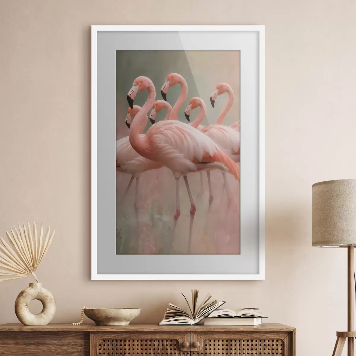 Poster Portrait décoratif d'une volée de flamants roses dans un style pictural contemporain f49727