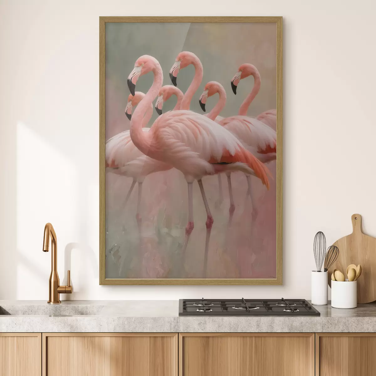 Poster Portrait décoratif d'une volée de flamants roses dans un style pictural contemporain f49727