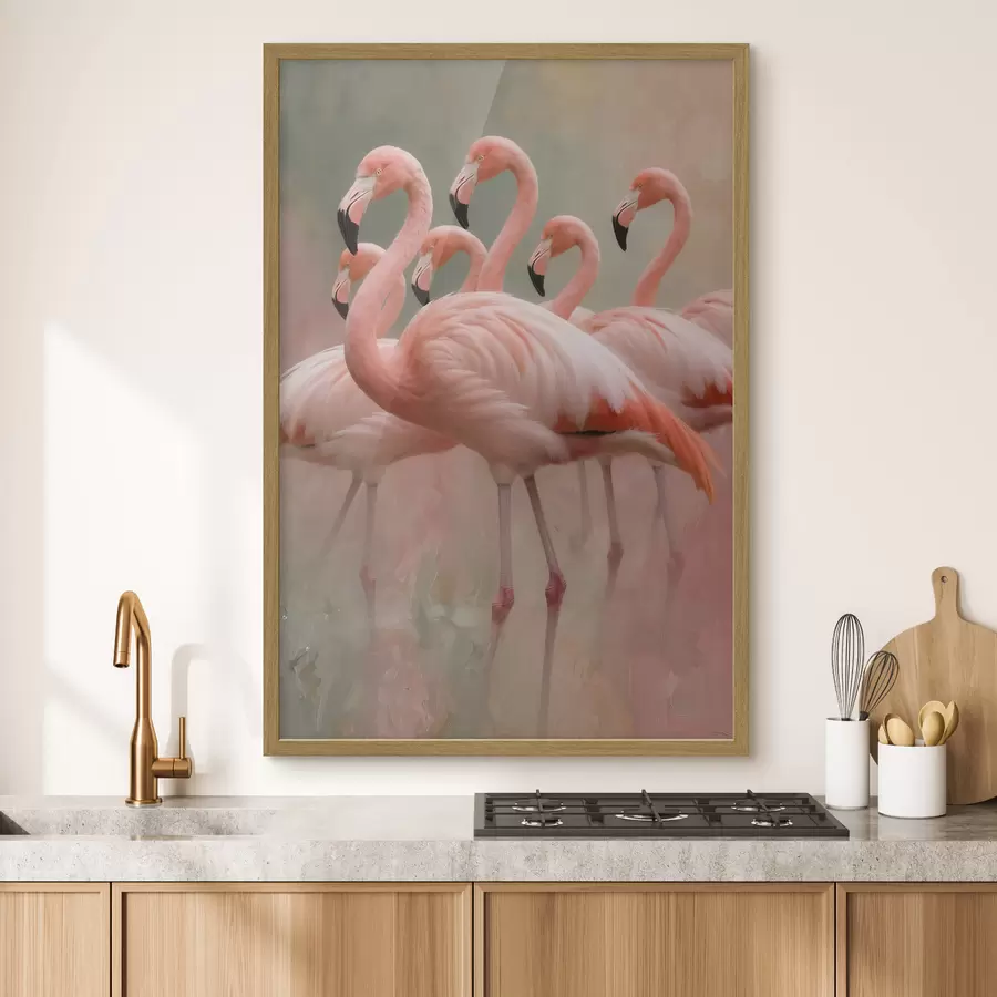 Papier peint Portrait décoratif d'une volée de flamants roses dans un style pictural contemporain f49727