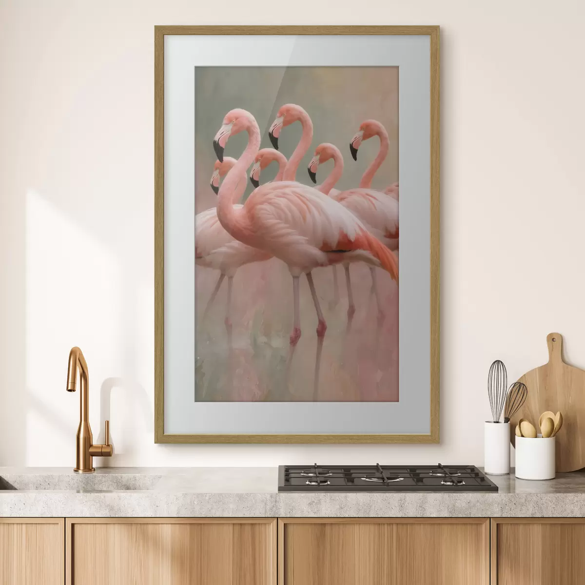 Poster Portrait décoratif d'une volée de flamants roses dans un style pictural contemporain f49727