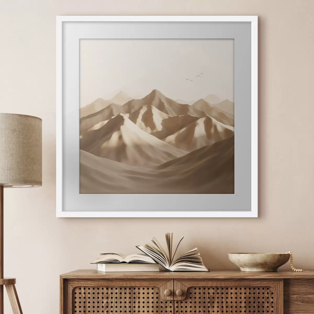 Poster Dunes de sable abstraites avec des silhouettes d'oiseaux dans des tons pastel f49729