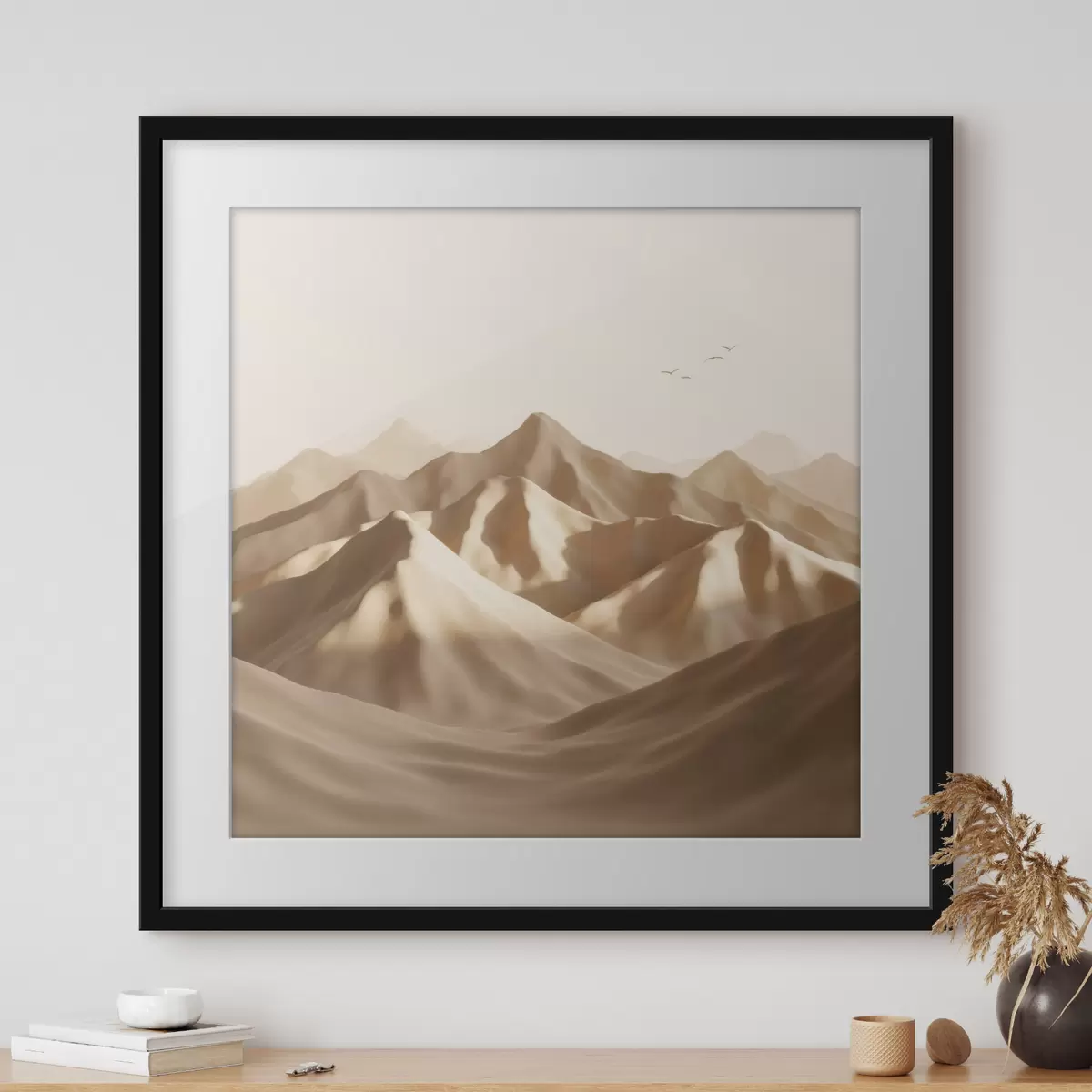 Poster Dunes de sable abstraites avec des silhouettes d'oiseaux dans des tons pastel f49729