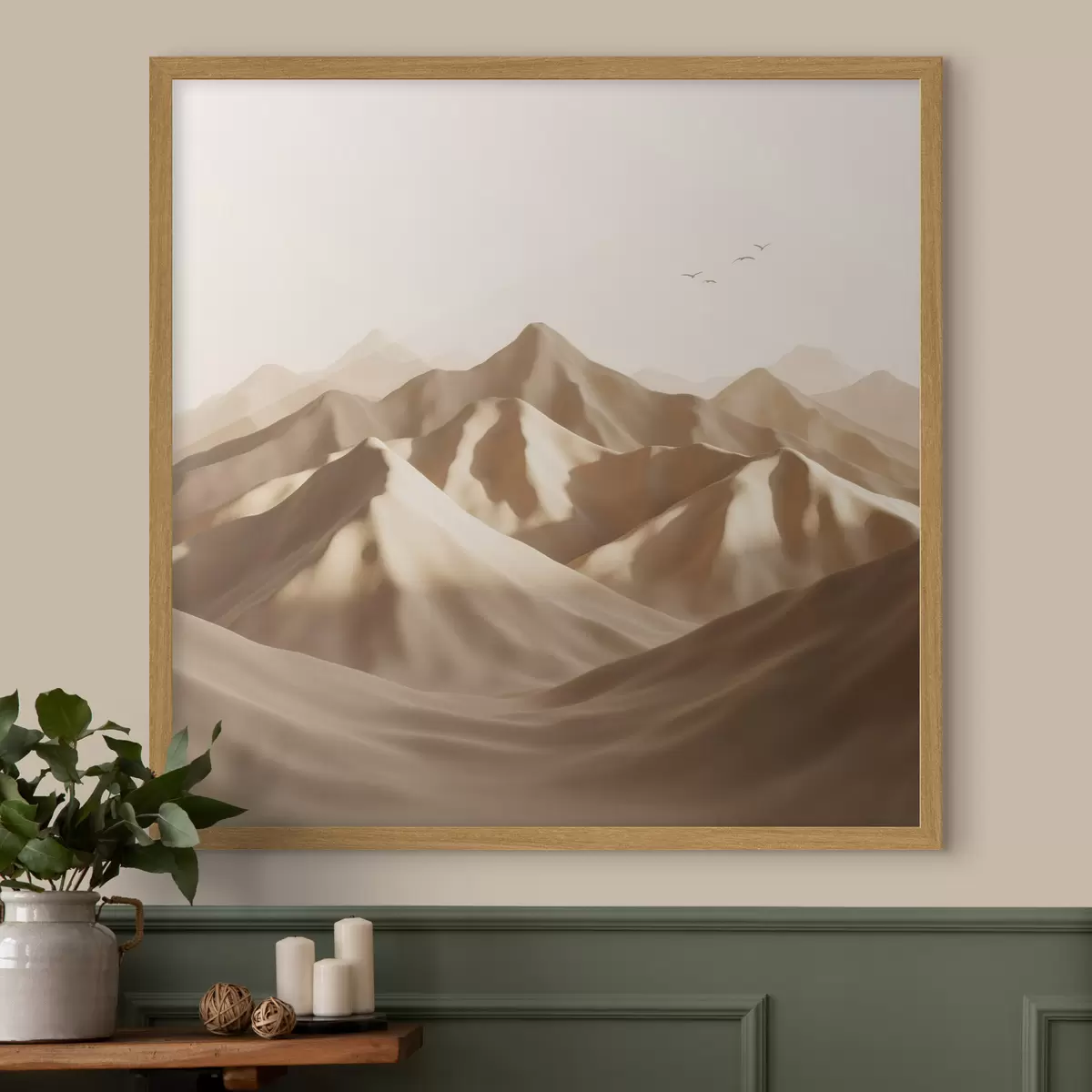 Poster Dunes de sable abstraites avec des silhouettes d'oiseaux dans des tons pastel f49729