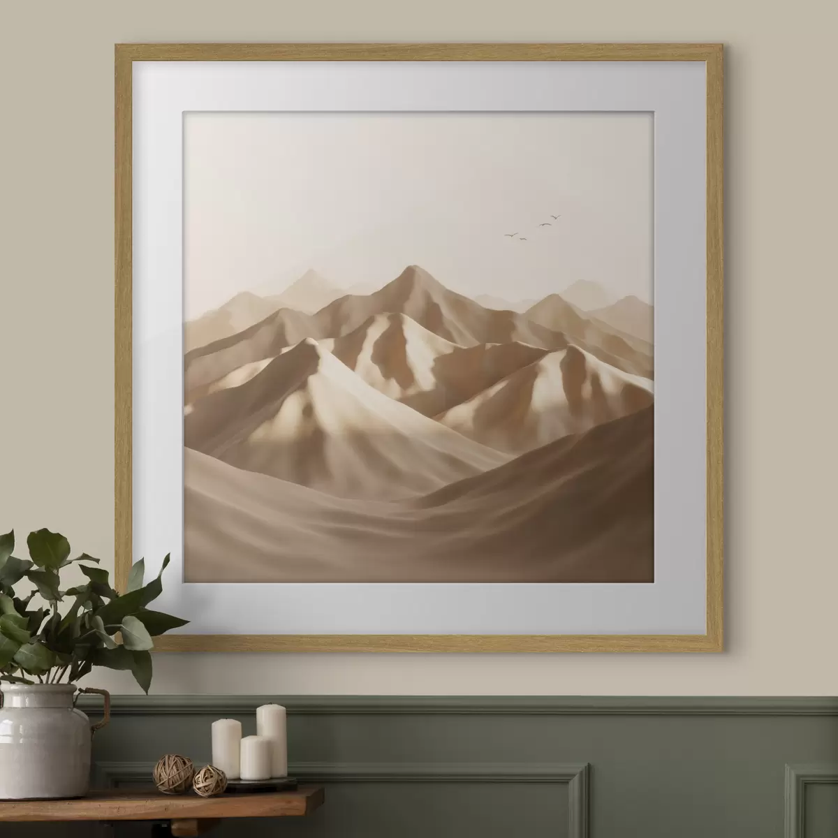 Poster Dunes de sable abstraites avec des silhouettes d'oiseaux dans des tons pastel f49729