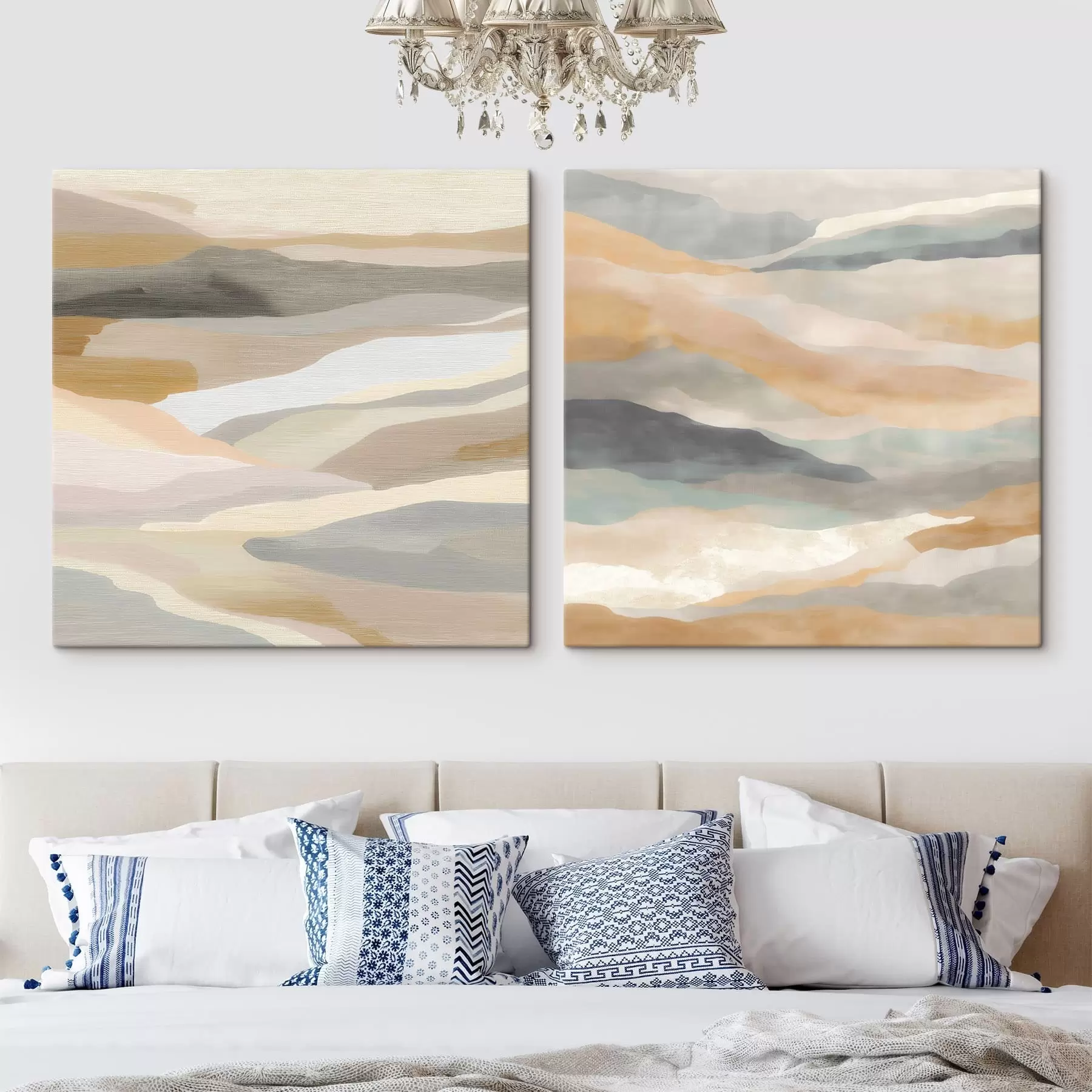 Tableau Des montagnes peintes à l'aquarelle avec des textures et des collines brumeuses, dans une palette de couleurs sobres m30650
