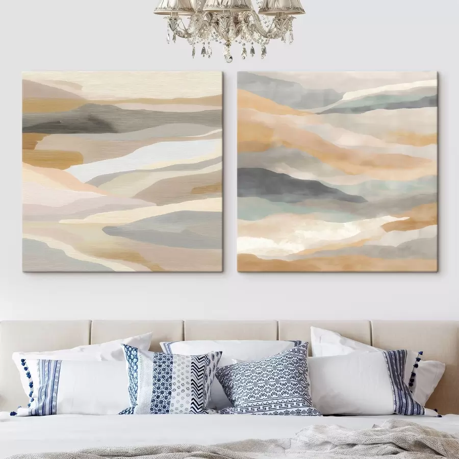 Tableau Des montagnes peintes à l'aquarelle avec des textures et des collines brumeuses, dans une palette de couleurs sobres m30650