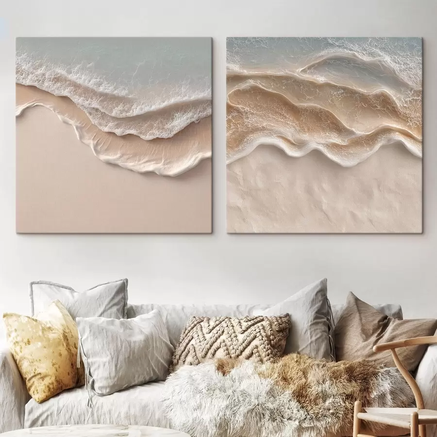 Tableau Vagues océaniques abstraites, avec de l'écume blanche et du sable lisse aux tons pastel m30651