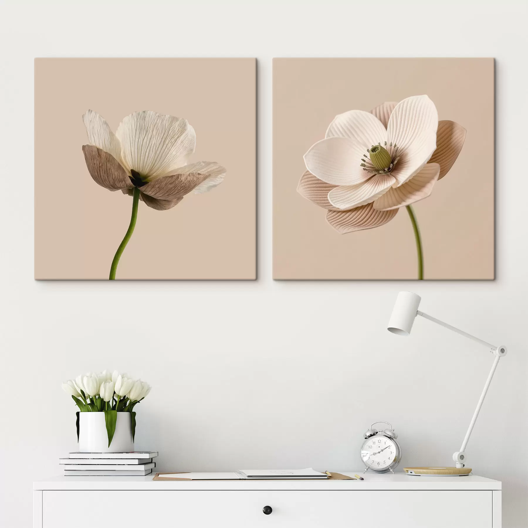 Tableau Composition florale dans des tons beiges et corail, dans un style d'illustration d'art moderne m30653