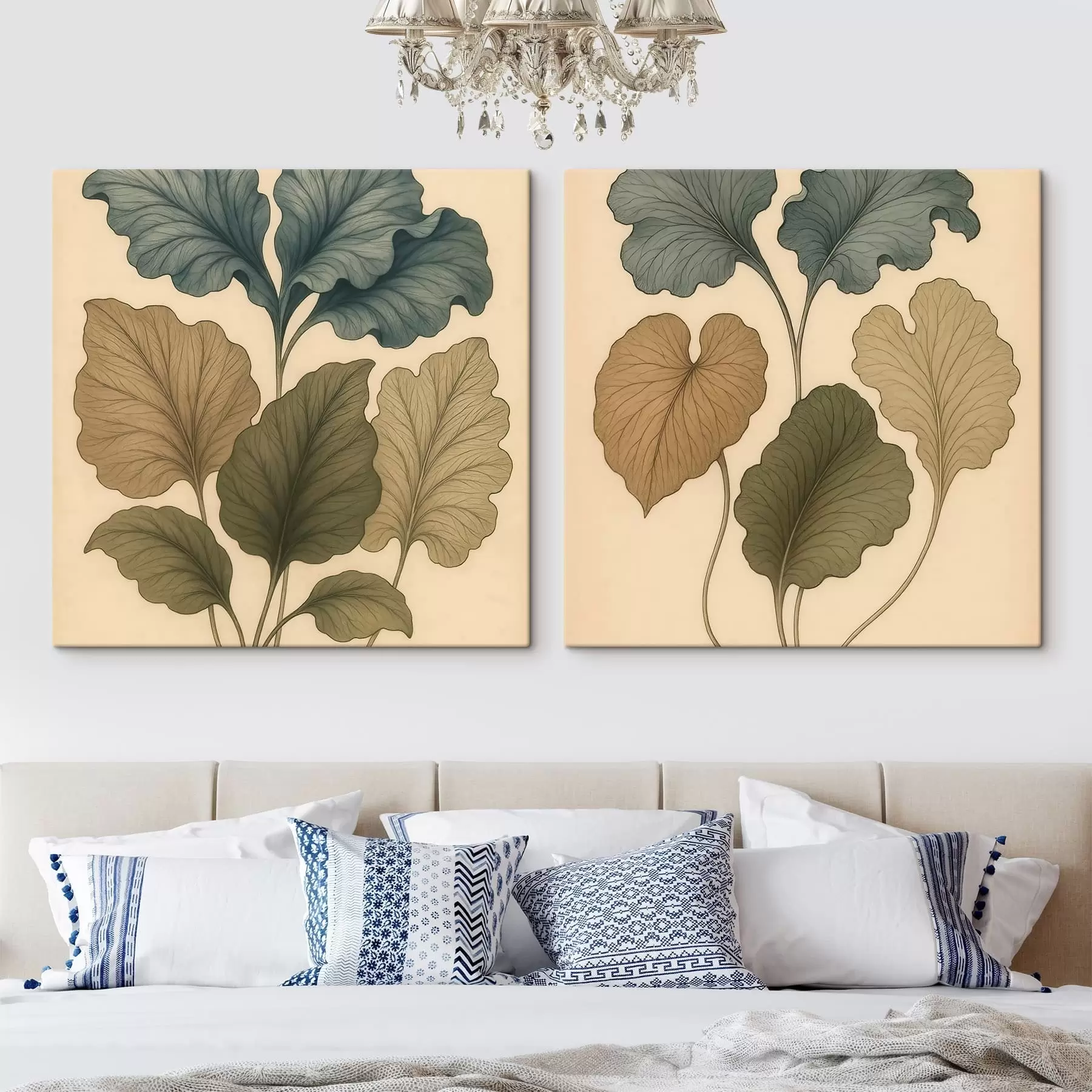 Tableau Diptyque botanique composé de feuilles texturées aux tons sobres, dans un style d'illustration rétro m30654