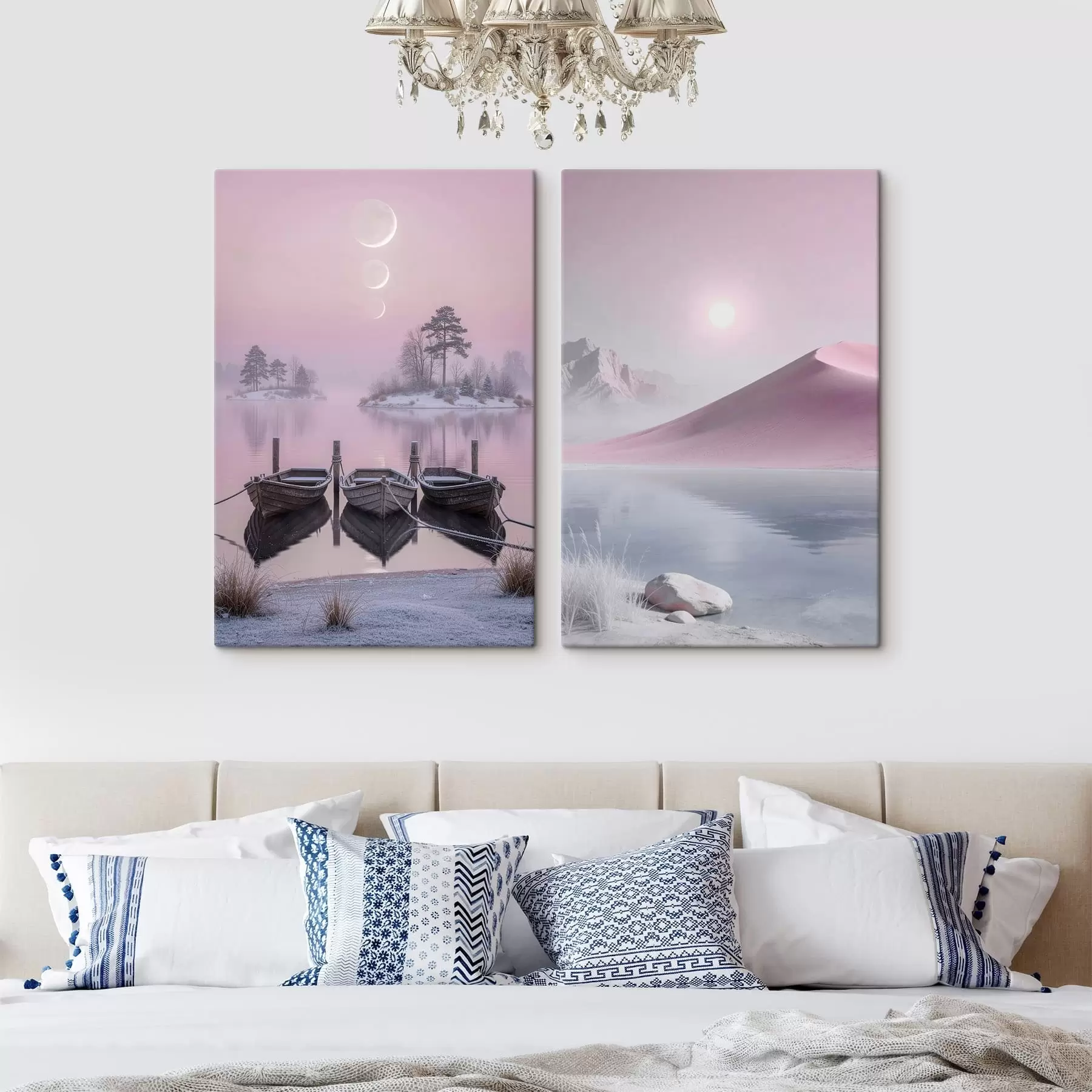 Tableau Paysage fantastique avec des bateaux en bois et des sommets montagneux m30657