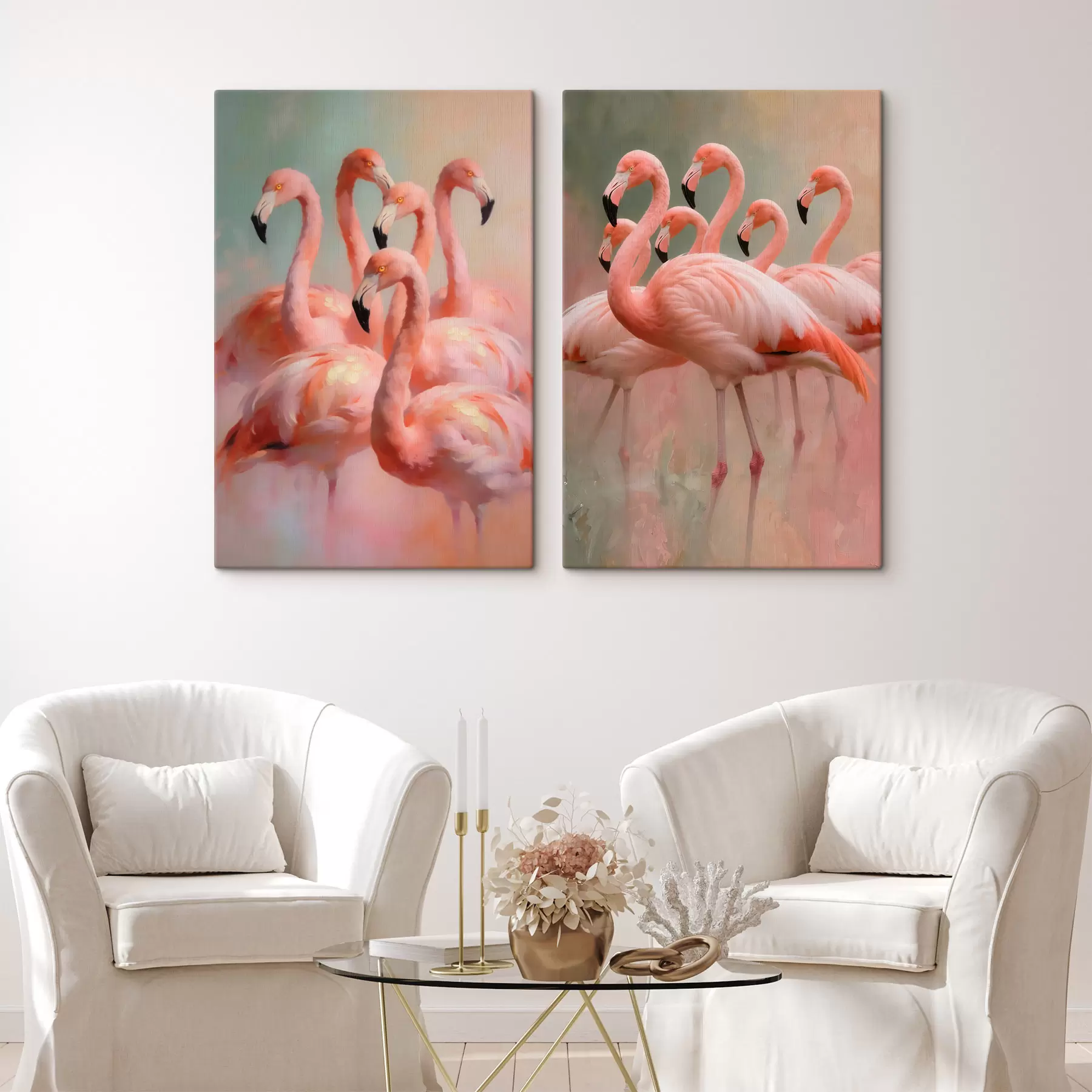 Tableau Composition représentant une volée de flamants roses sur un fond doux et flou, dans un style pictural contemporain m30658