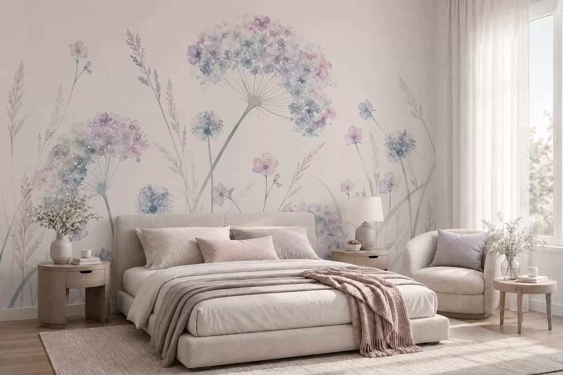 Papier peint Fleurs des champs dans des tons doux de bleu et de lilas w05731