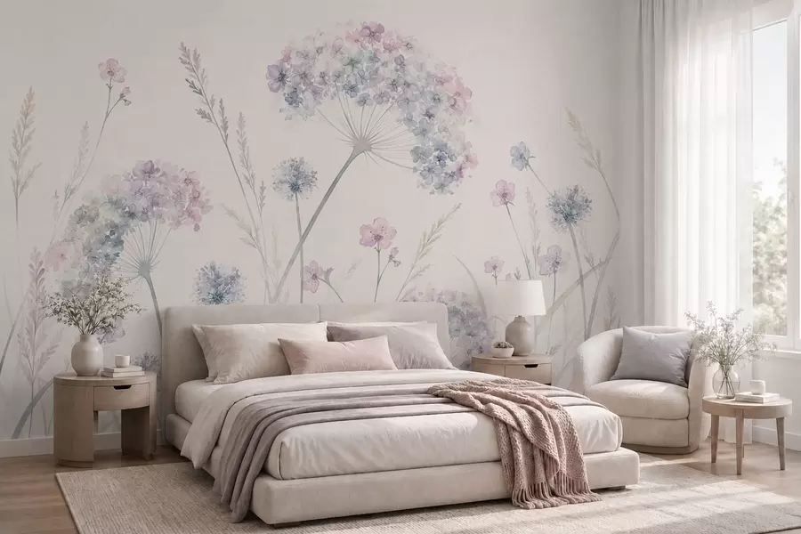 Papier peint Fleurs des champs dans des tons doux de bleu et de lilas w05731
