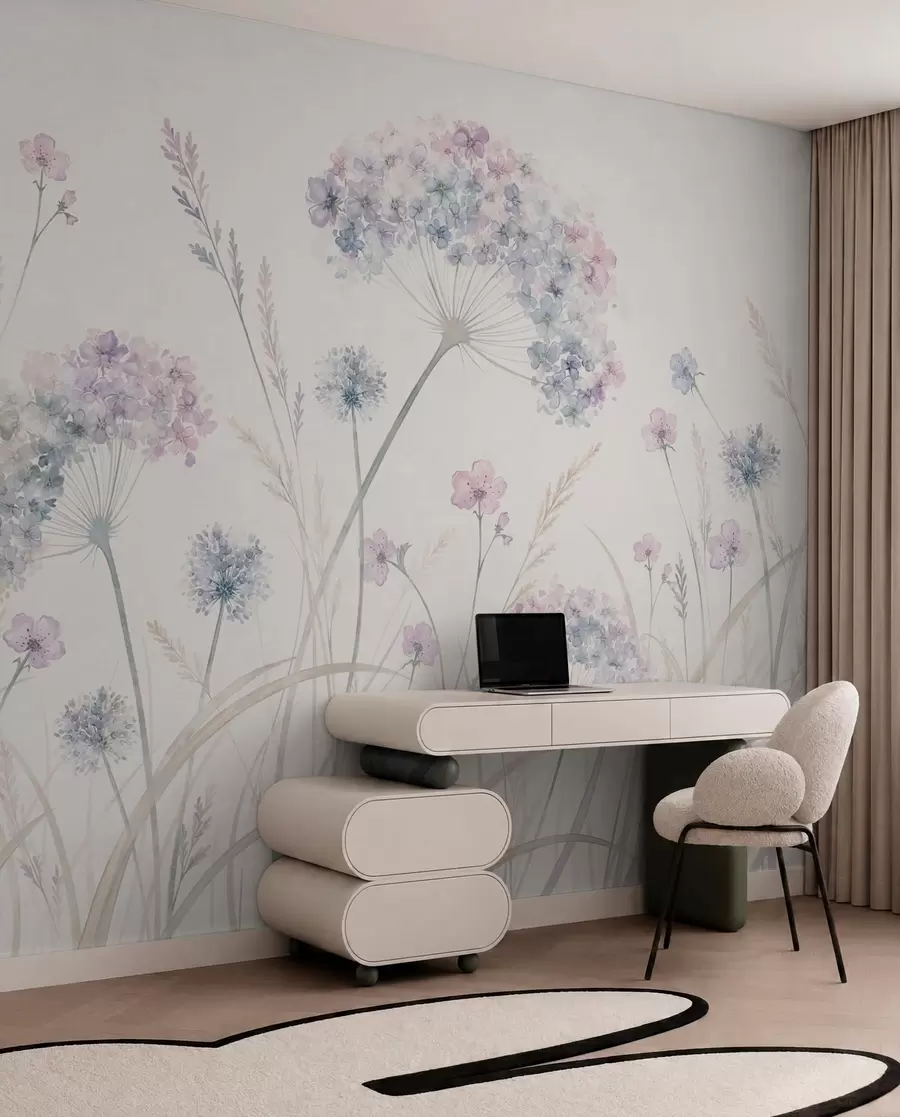 Papier peint Fleurs des champs dans des tons doux de bleu et de lilas w05731