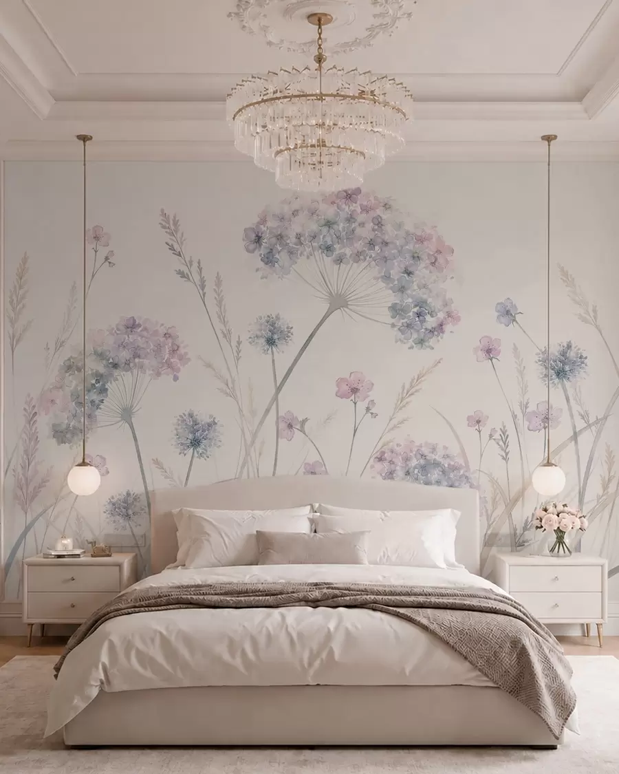 Papier peint Fleurs des champs dans des tons doux de bleu et de lilas w05731