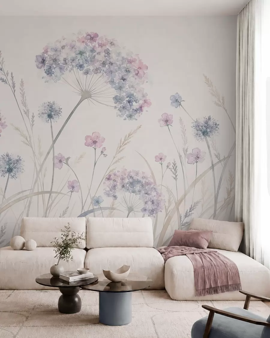Papier peint Fleurs des champs dans des tons doux de bleu et de lilas w05731