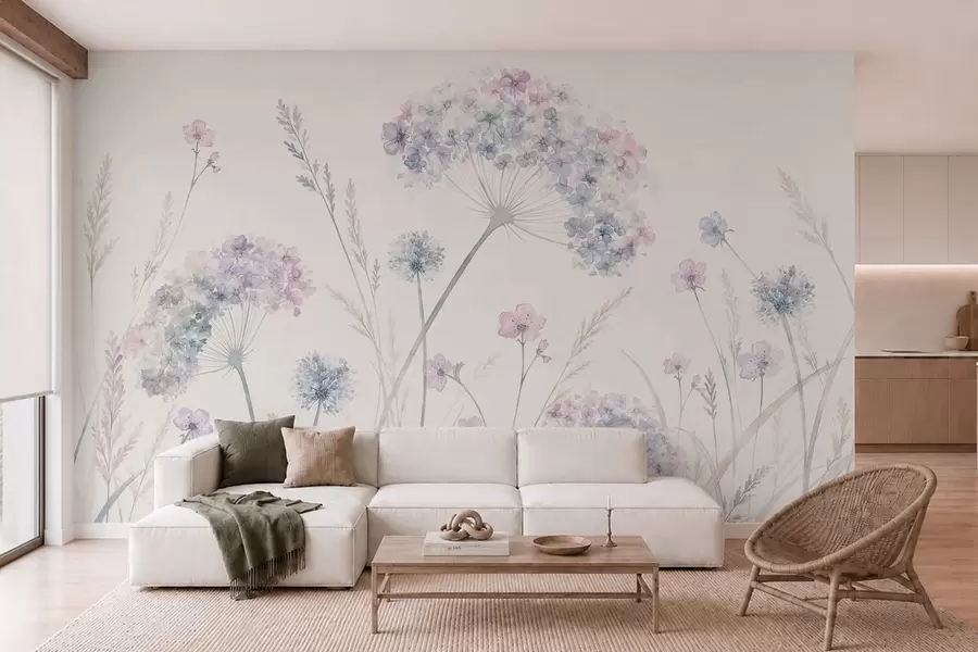 Papier peint Fleurs des champs dans des tons doux de bleu et de lilas w05731