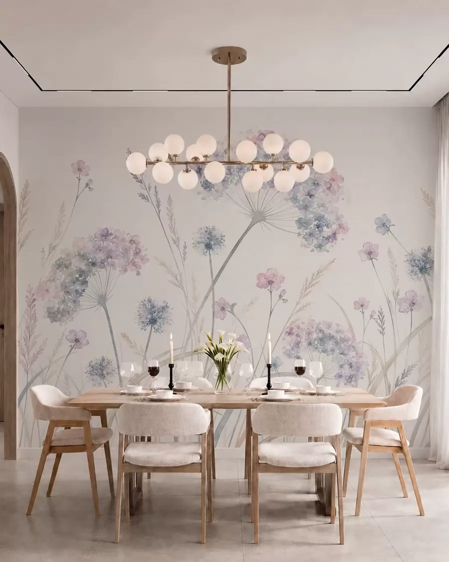 Papier peint Fleurs des champs dans des tons doux de bleu et de lilas w05731