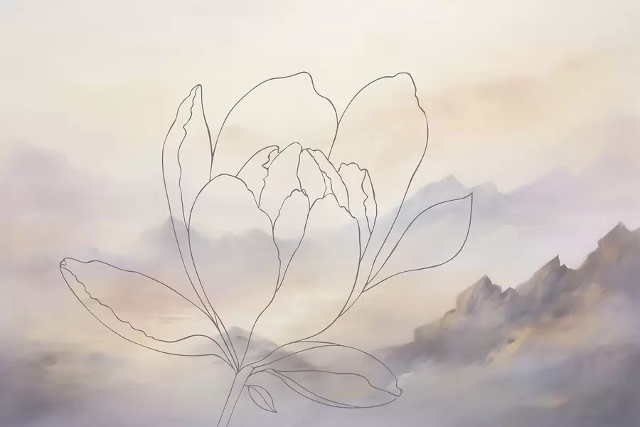 Papier peint Paysage de montagne avec la silhouette d'une fleur w05788
