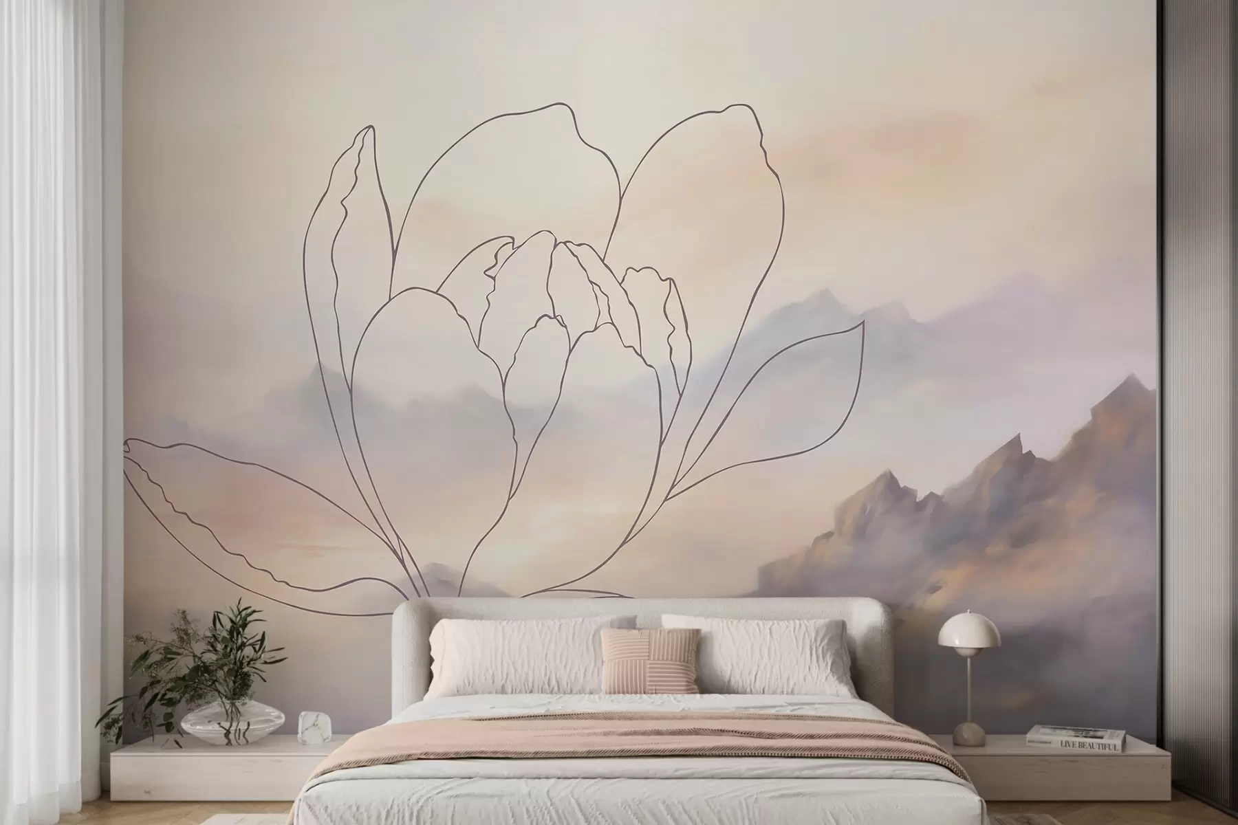 Papier peint Paysage de montagne avec la silhouette d'une fleur w05788