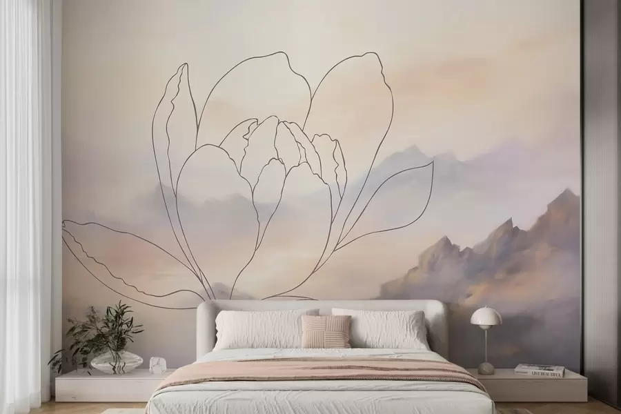 Papier peint Paysage de montagne avec la silhouette d'une fleur w05788