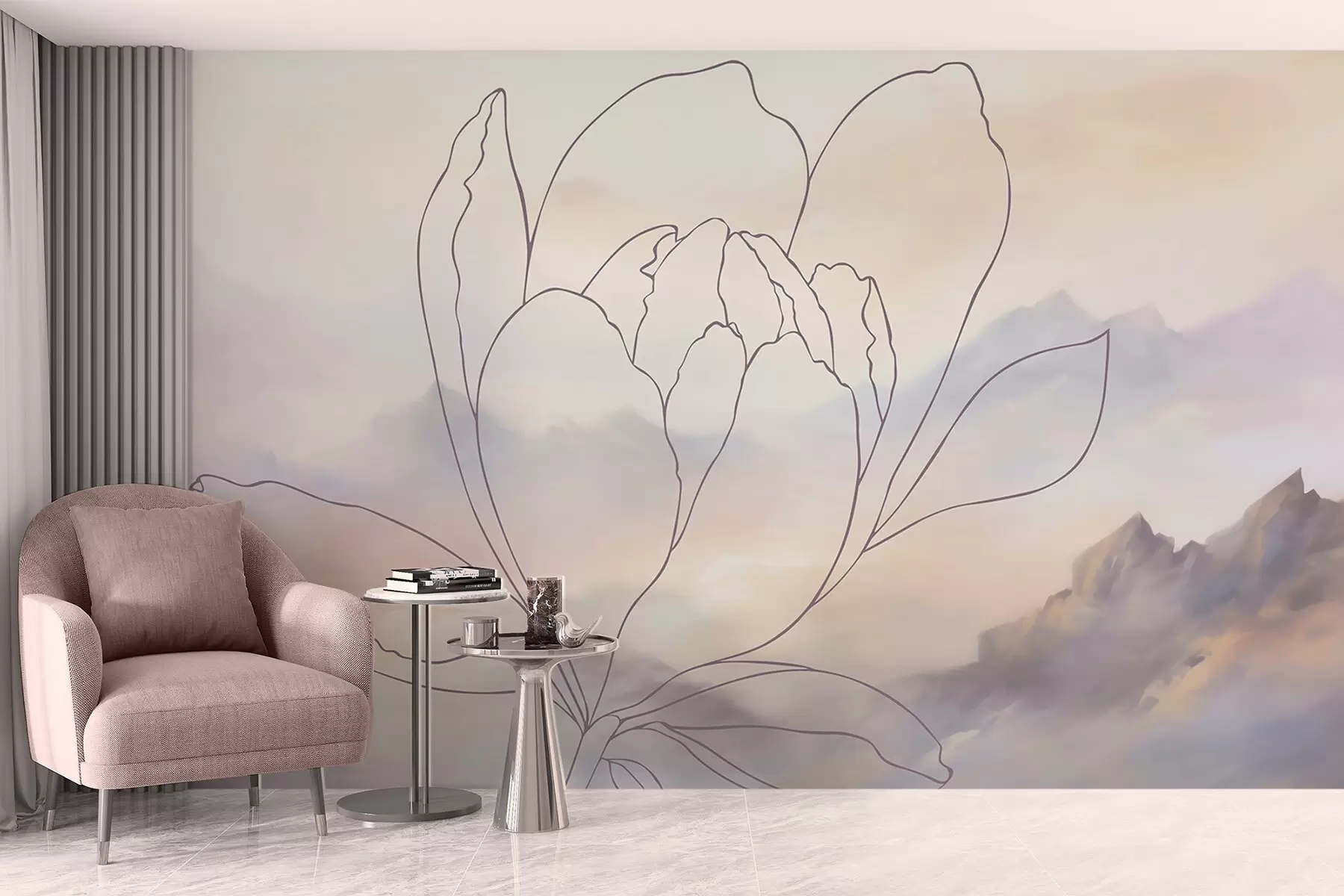 Papier peint Paysage de montagne avec la silhouette d'une fleur w05788