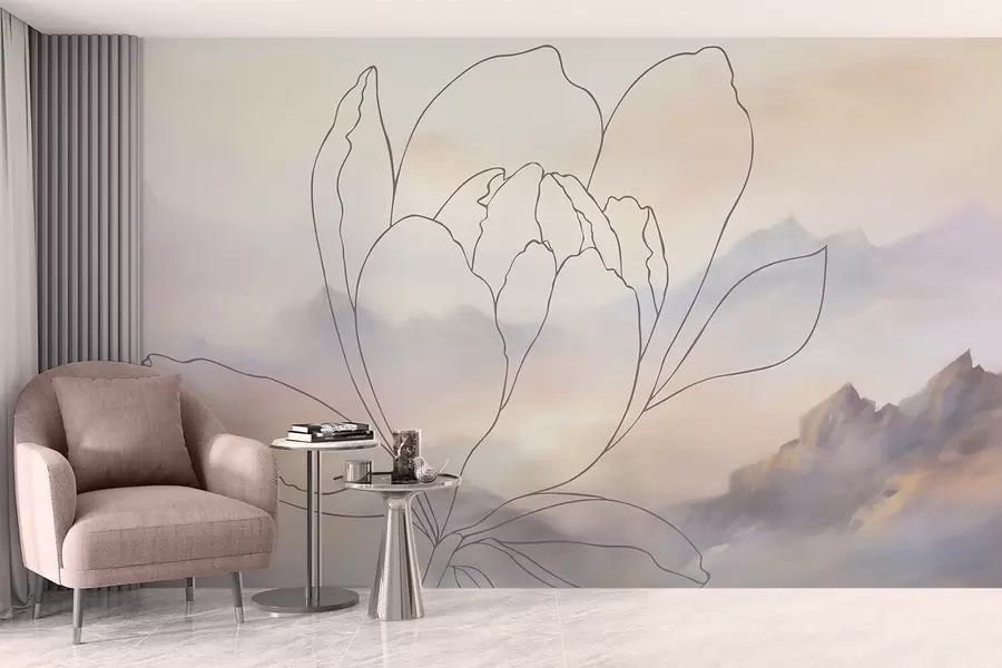 Papier peint Paysage de montagne avec la silhouette d'une fleur w05788