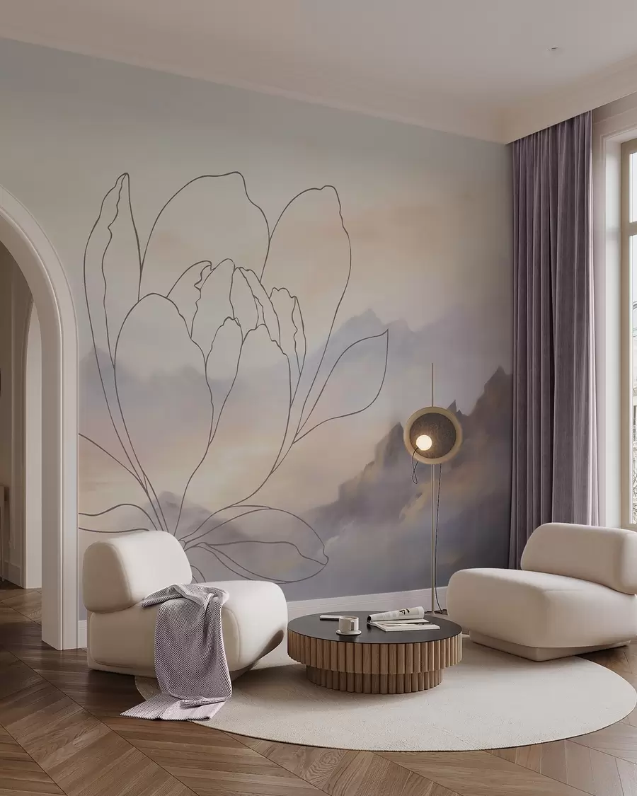 Papier peint Paysage de montagne avec la silhouette d'une fleur w05788