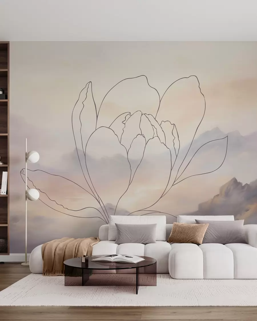 Papier peint Paysage de montagne avec la silhouette d'une fleur w05788
