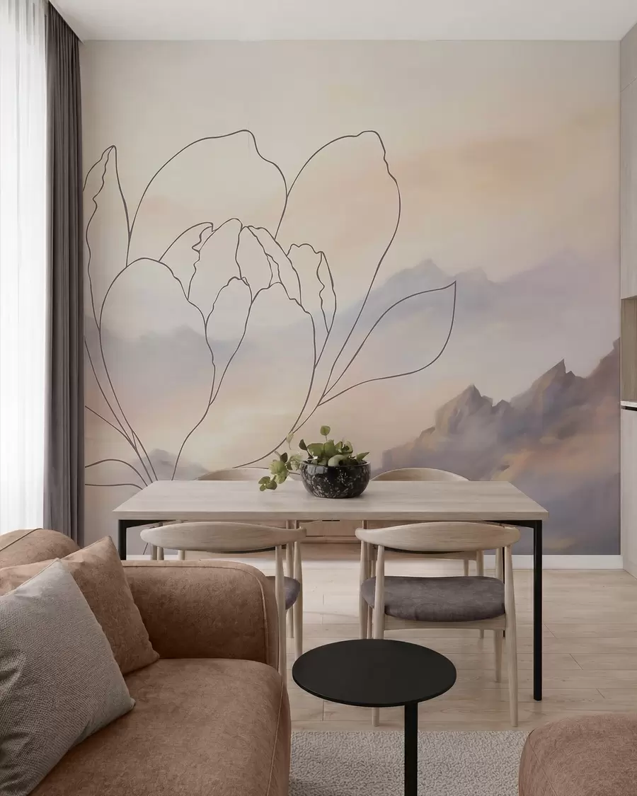 Papier peint Paysage de montagne avec la silhouette d'une fleur w05788