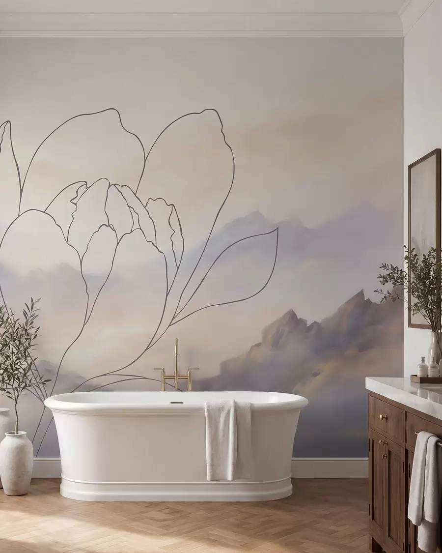 Papier peint Paysage de montagne avec la silhouette d'une fleur w05788