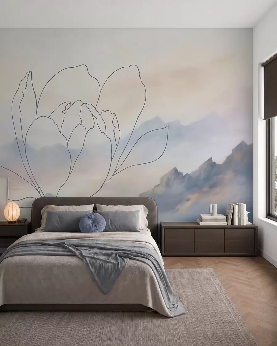 Papier peint Paysage de montagne avec la silhouette d'une fleur w05788v1