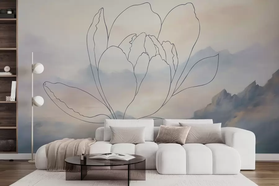 Papier peint Paysage de montagne avec la silhouette d'une fleur w05788v1