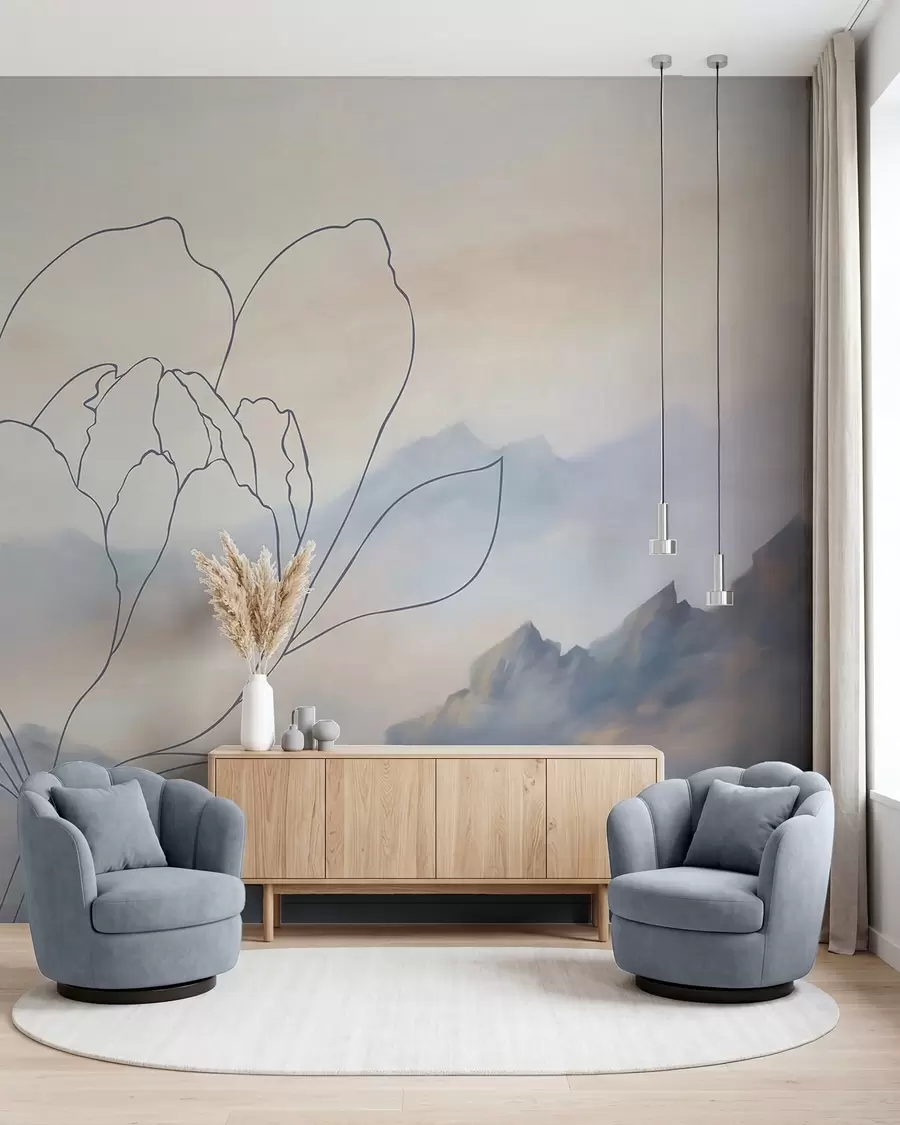 Papier peint Paysage de montagne avec la silhouette d'une fleur w05788v1