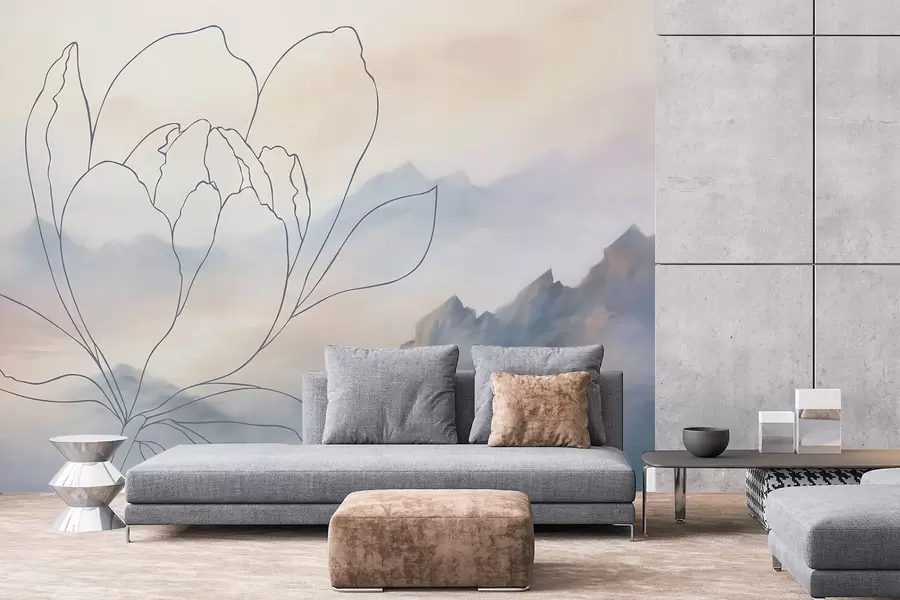 Papier peint Paysage de montagne avec la silhouette d'une fleur w05788v1