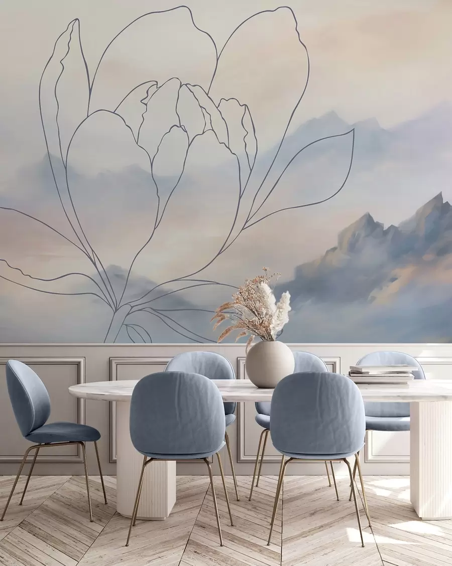 Papier peint Paysage de montagne avec la silhouette d'une fleur w05788v1