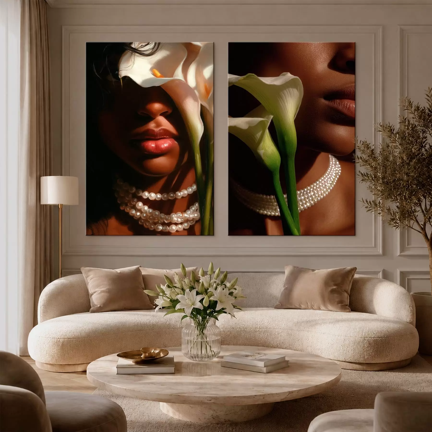Tableau Diptyque avec portraits et callas blanches m30744