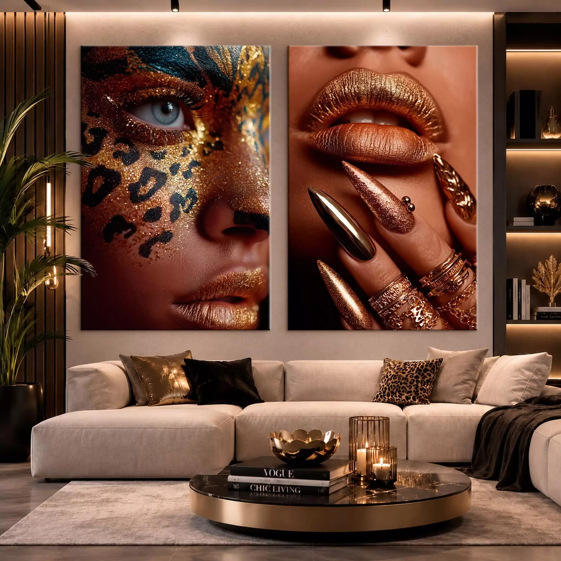 Tableau Diptyque avec maquillage métallisé et maquillage facial à imprimé animalier m30747
