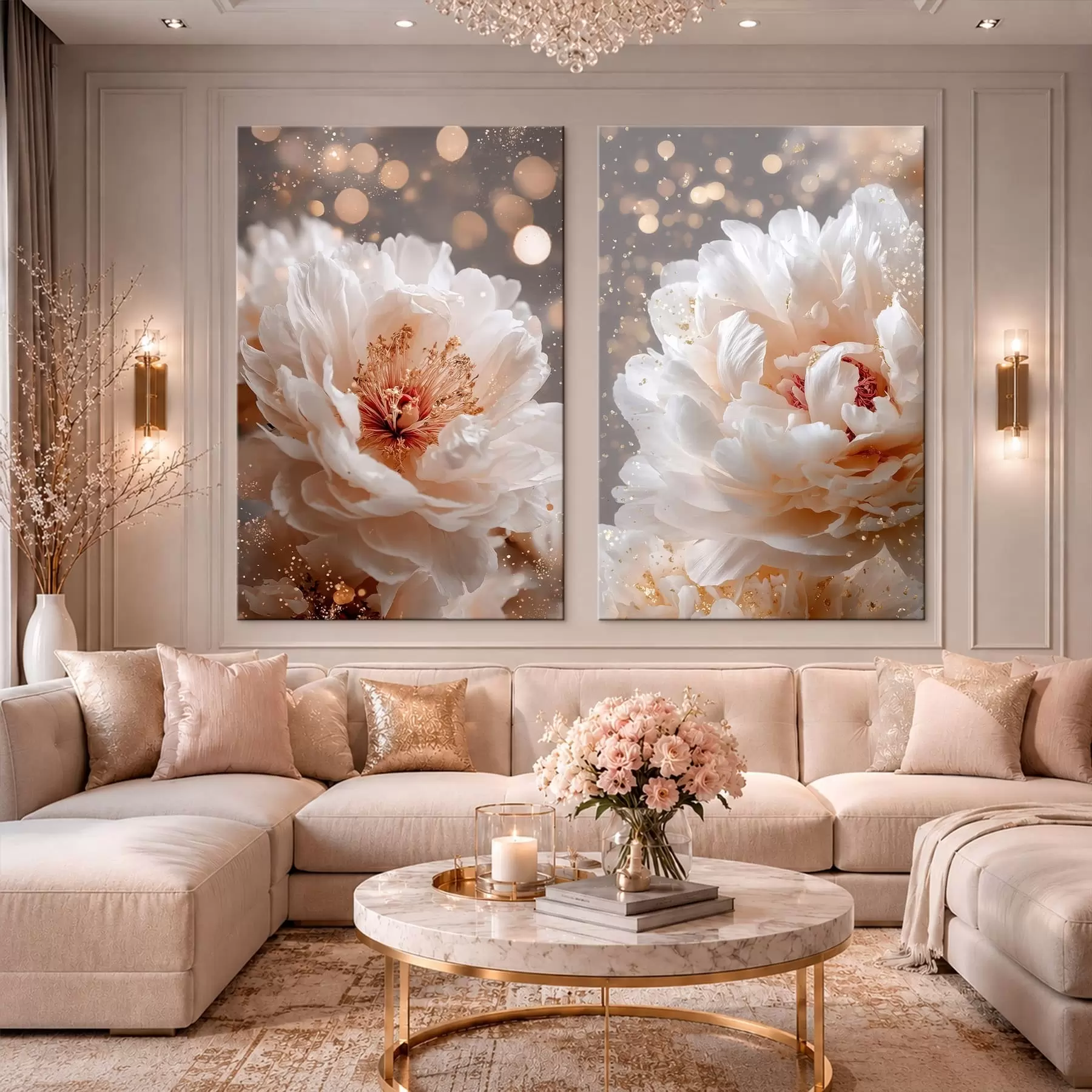 Tableau Diptyque représentant des pivoines blanches et une douce lueur m30748