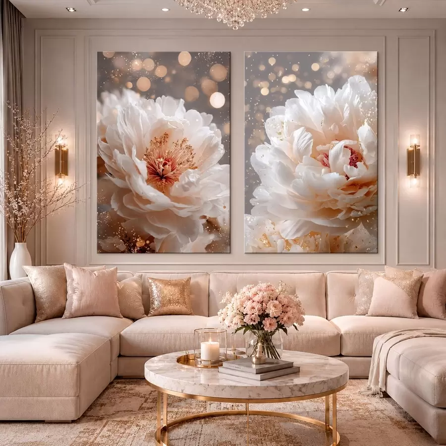 Tableau Diptyque représentant des pivoines blanches et une douce lueur m30748