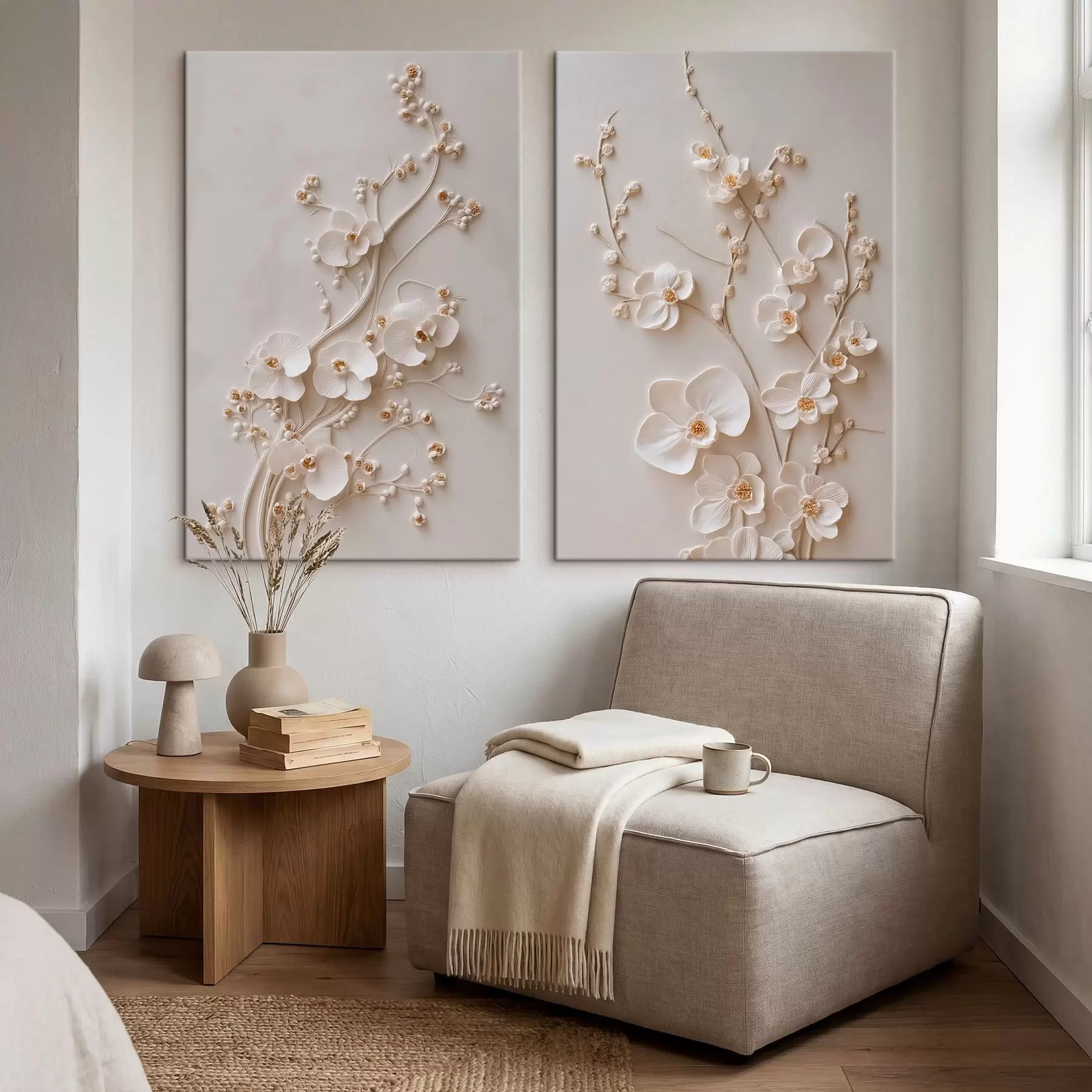 Tableau Diptyque représentant des fleurs blanches et présentant un effet de relief m30750