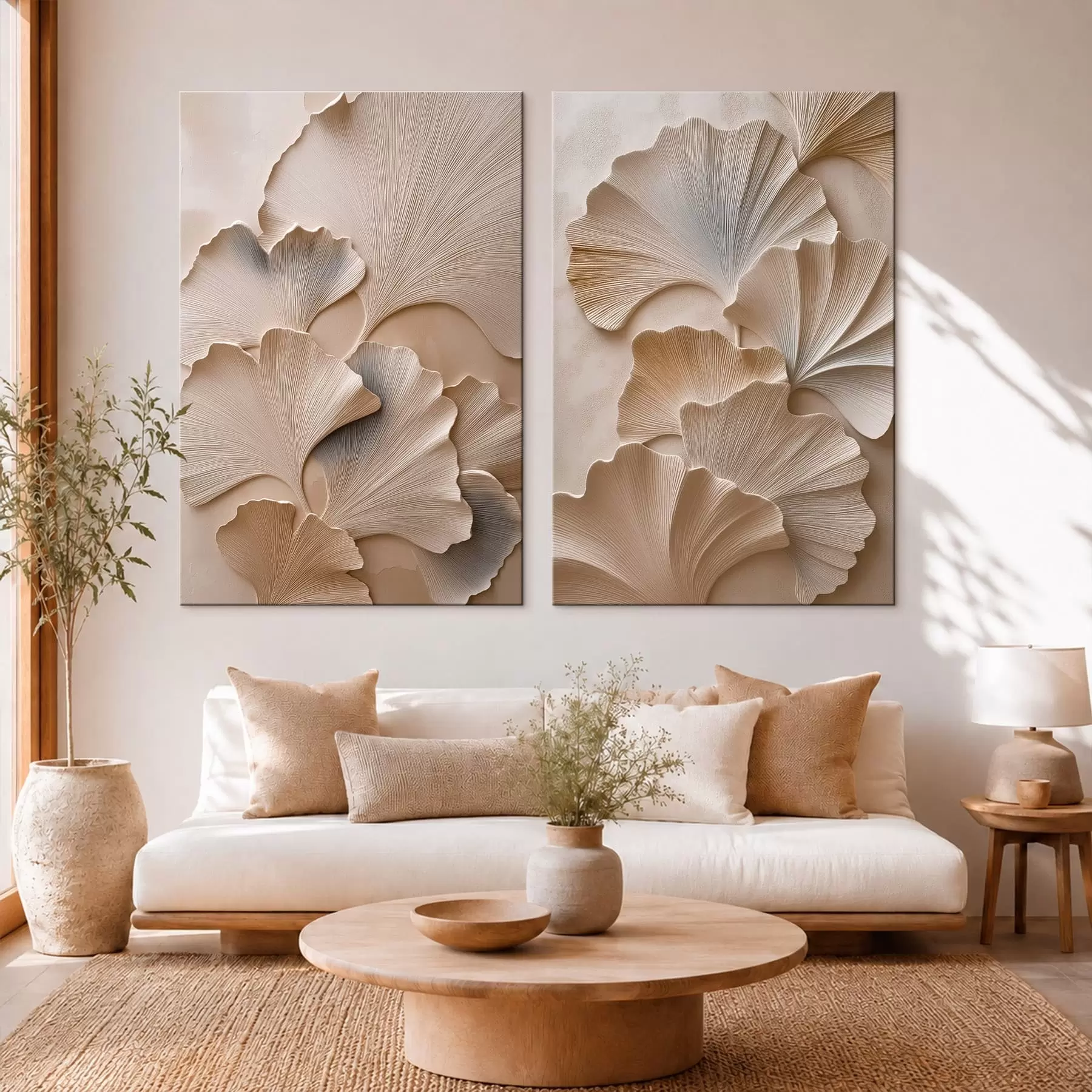 Tableau Diptyque représentant des feuilles de ginkgo avec un effet de relief m30751