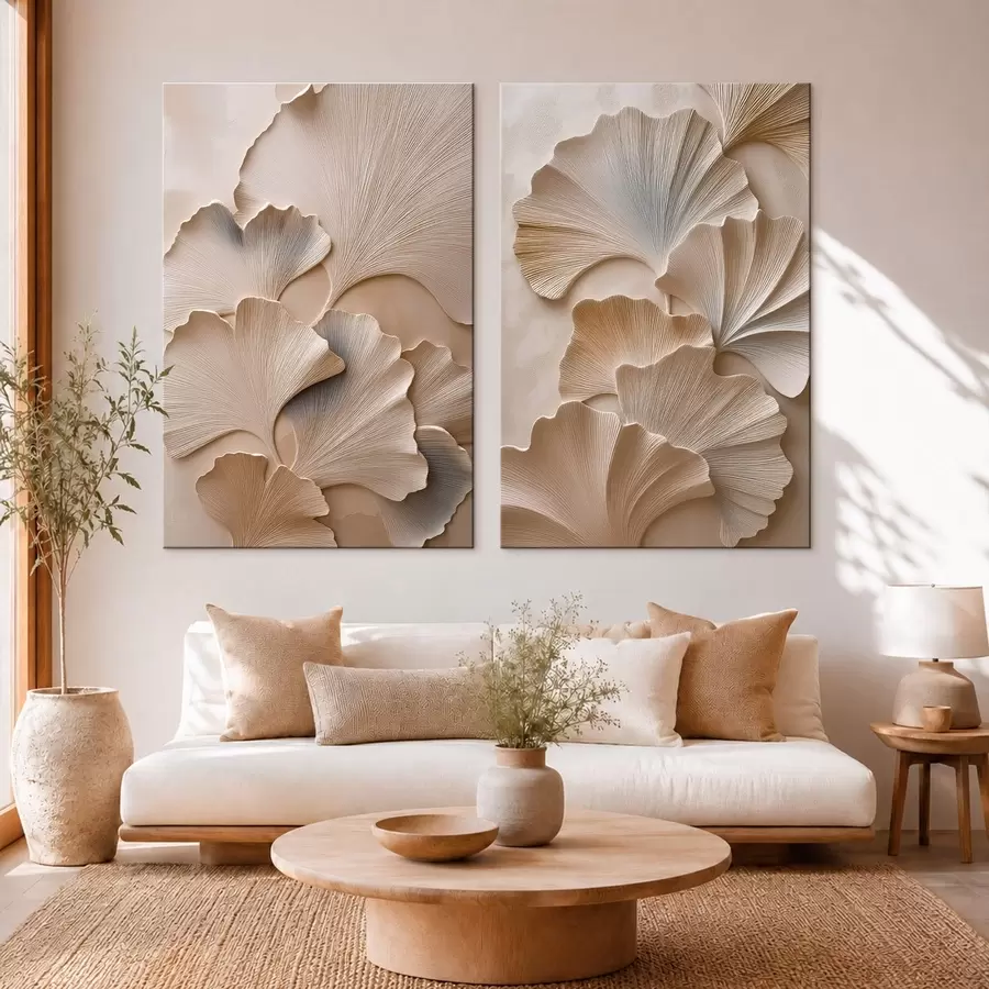 Tableau Diptyque représentant des feuilles de ginkgo avec un effet de relief m30751