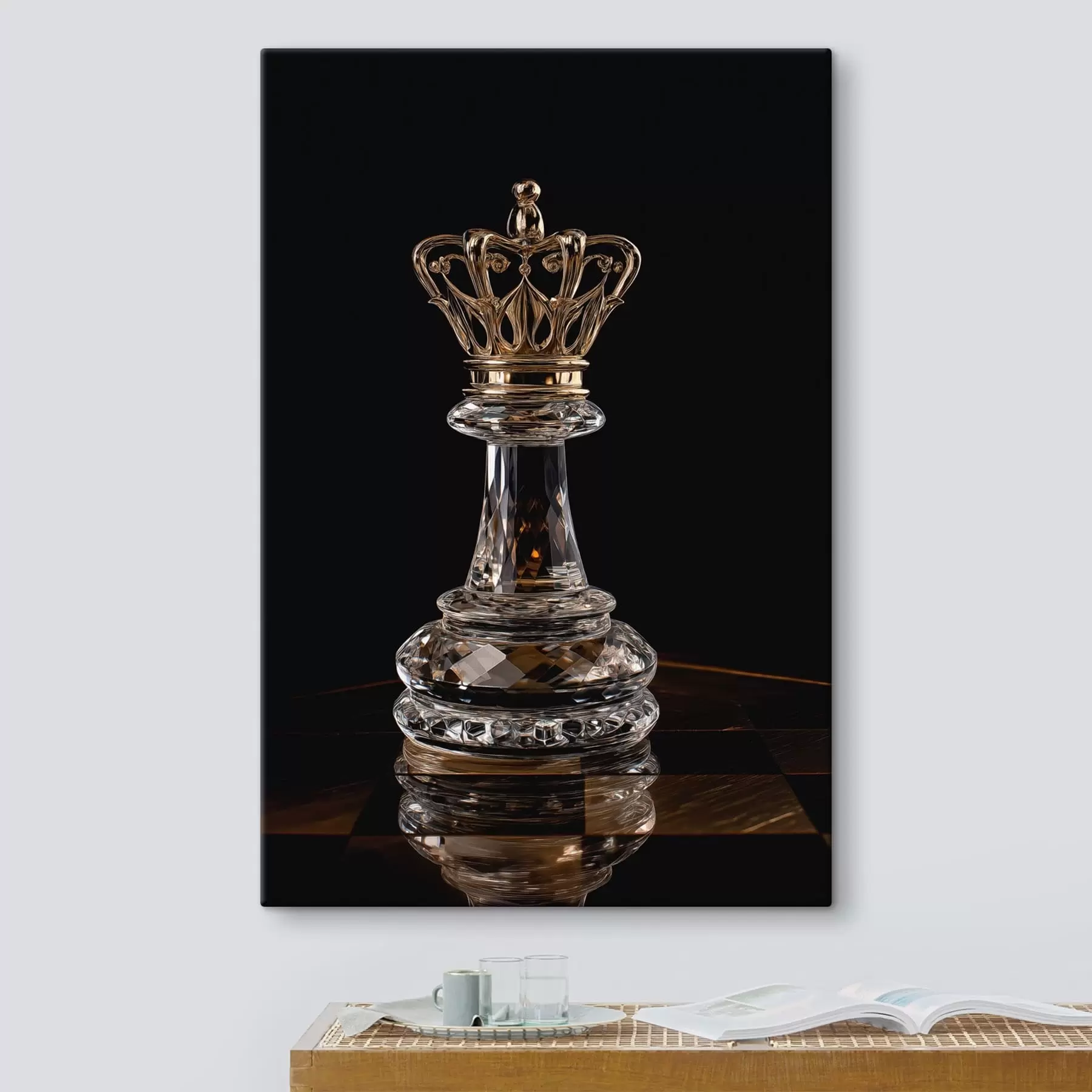 Tableau Reine d'échecs en verre sur fond sombre s49946