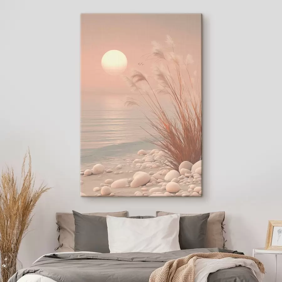 Tableau Rive paisible parsemée d'herbes à l'aube s49949